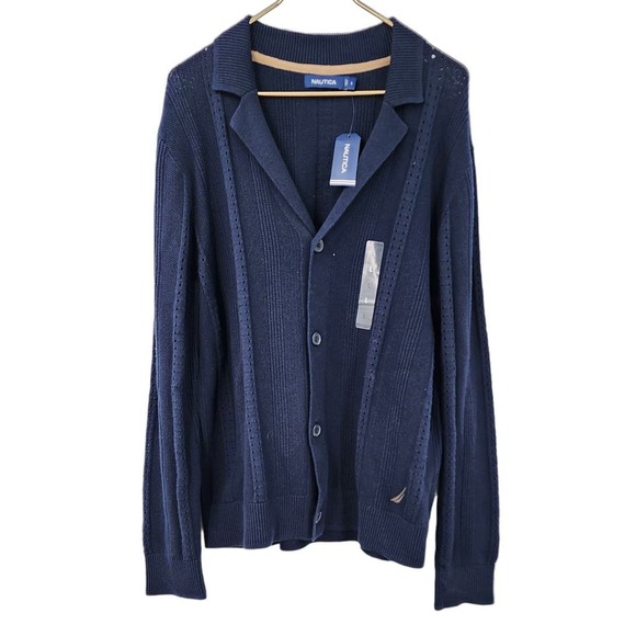 New NWT Nautica Grandpa Knit Button‎ Down Sweater Size Large Navy Blue - Picture 1 of 8